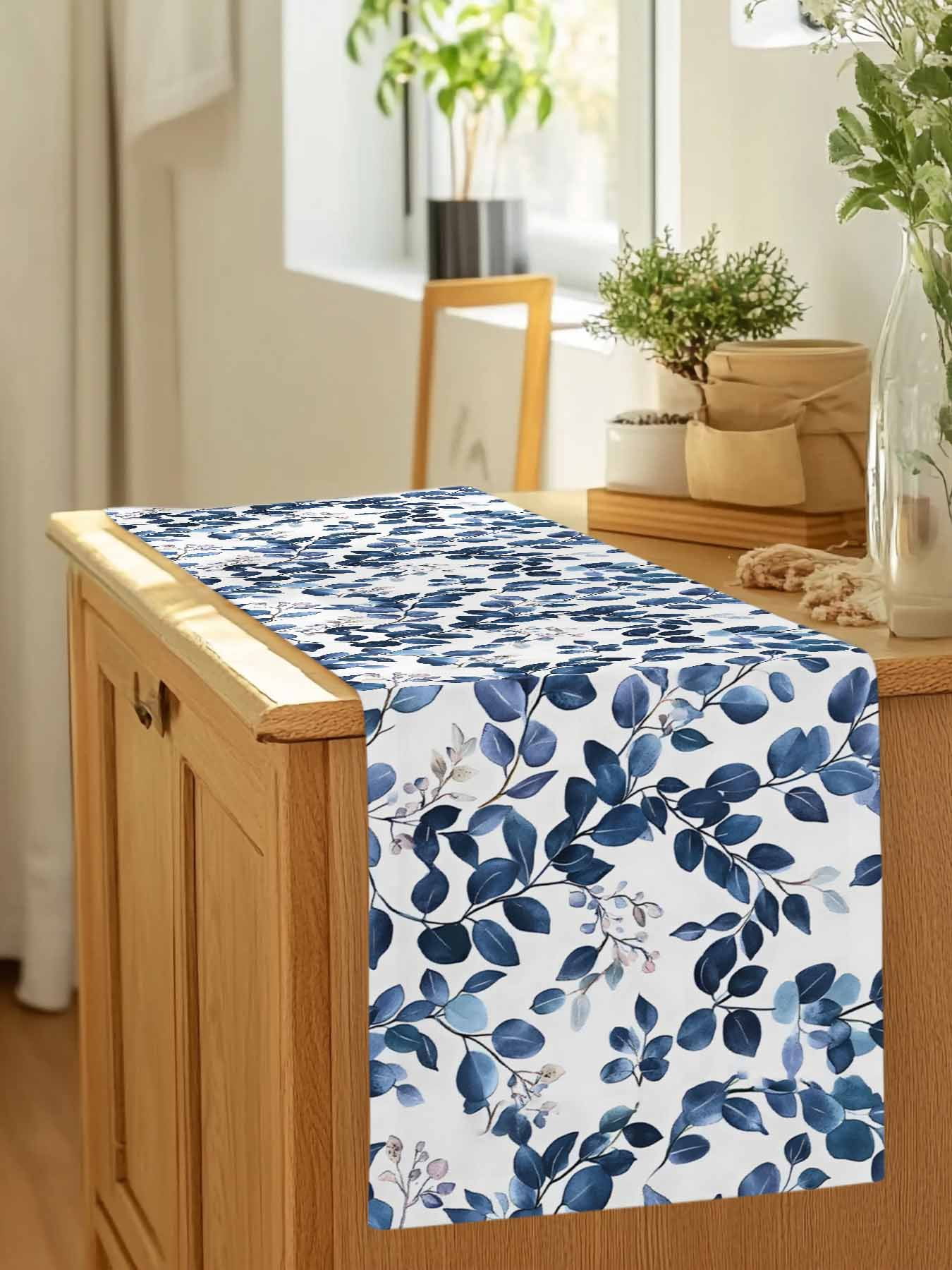 Pastoral Eucalyptus Leaves Table Runner 90 Inches Long, Navy Blue Botanical On White Table Runners Tabletop Scarf Kitchen Dining Tables Decoration for Home Party Indoor Outdoor