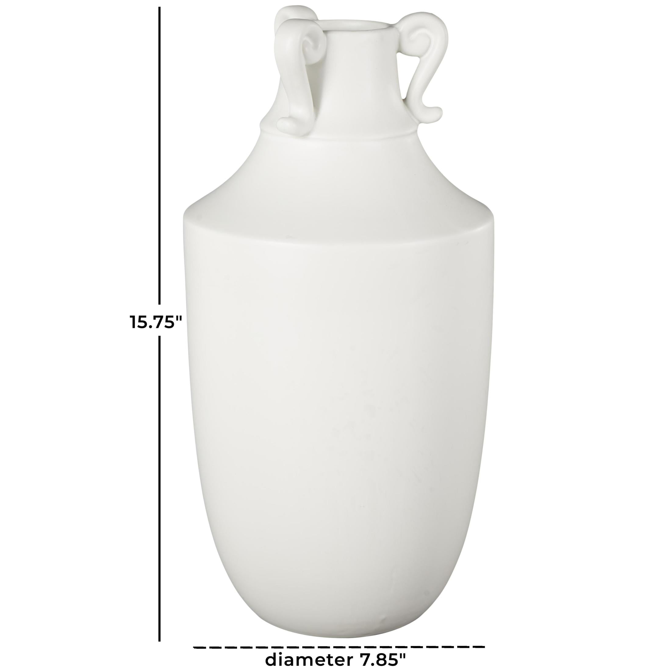 DecMode 16" Scroll Sleek Amphora White Ceramic Vase with Handles
