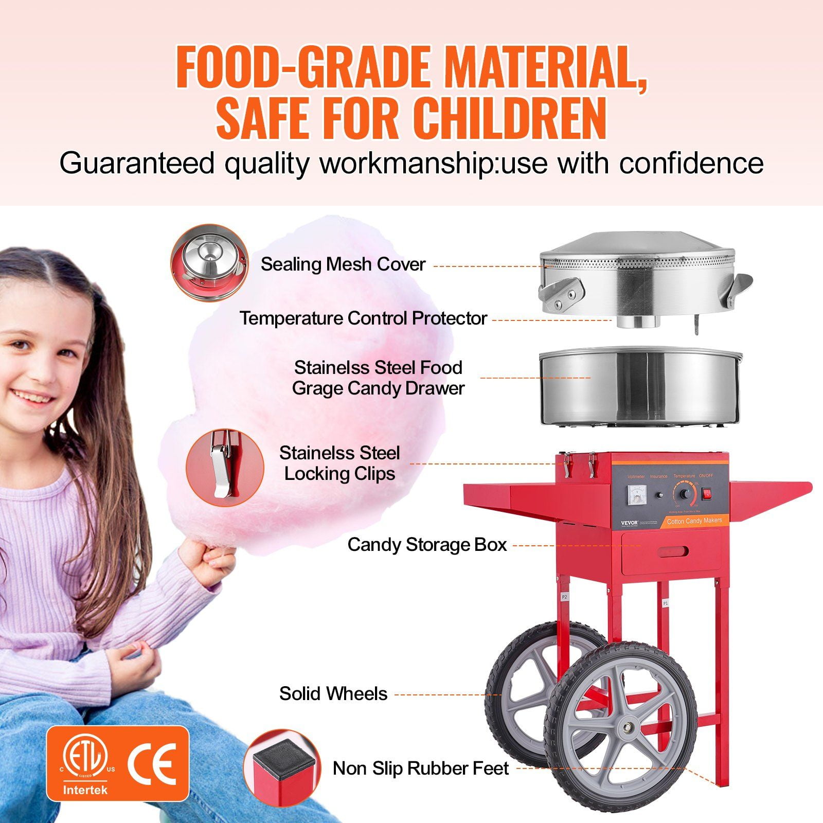 HCY Electric Cotton Candy Machine with Cart, 1000W Commercial Candy Floss Maker with Stainless Steel Bowl, Sugar Scoop and Drawer, Perfect for Home, Kids Birthday, Family Party, Red