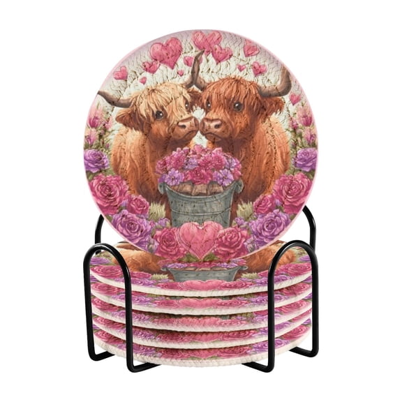 Haosy Set of 6 Drink Woven Coaster with Holder Heat Resistant Non-Slip Bar Coasters 4 Inches Highland Cattle Flowers Hearts