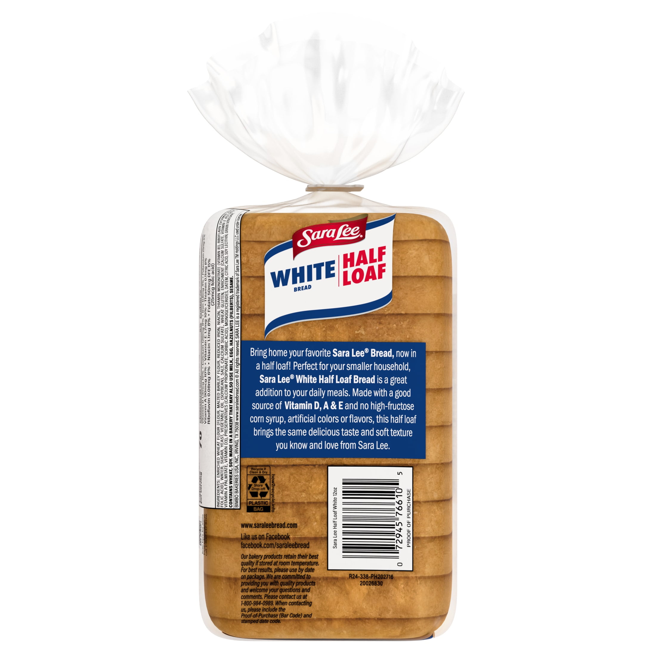 Sara Lee White Bread, Half Loaf, 12 oz, Sandwich Bread, Bag