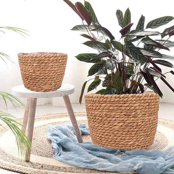 Baluue Decorative Khaki Straw Flower Basket for Indoor Plants, Stylish Plant Container, Home and Garden Decor