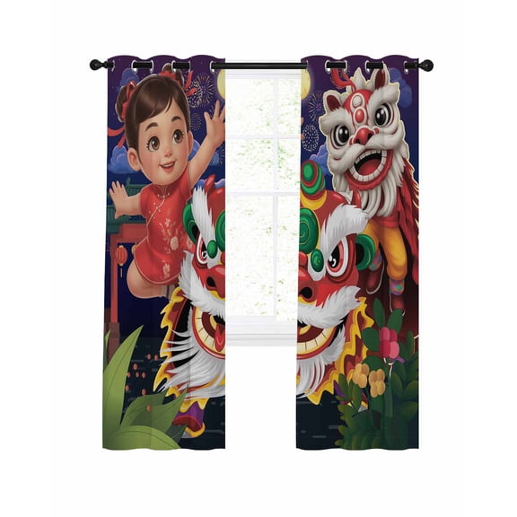 Happy New Year Blackout Curtains for Bedroom Living Room, Cartoon Girl Dance Lions Fireworks 45 In Long Thermal Insulated Room Darkening Drapes Grommet Window Treatments, 42 x 45 In