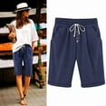 thumbnail image 2 of Htigea Clearance Women's Elastic Waist Casual Comfy Cotton Linen Beach Shorts with Drawstring Pockets Knee Length Shorts Womens Clothes Navy,XXL, 2 of 7