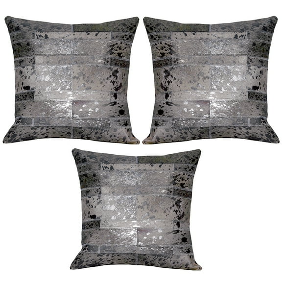 Hilason Set Of 3 Cowhide Leather Hair-On Patchwork Cushion Pillow Cover 16 X 16