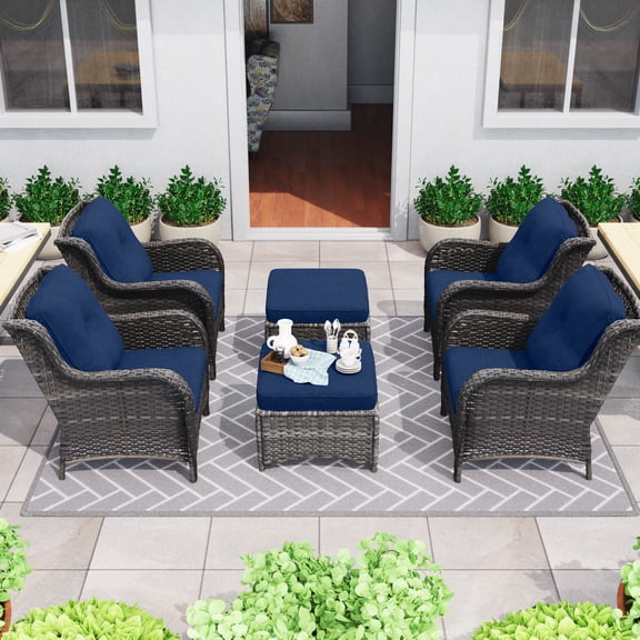 MeetLeisure 6 Pieces Patio Conversation Set, Four Wicker Chairs,and Two Ottomans with 3.5-inch Seat Cushions, Navy