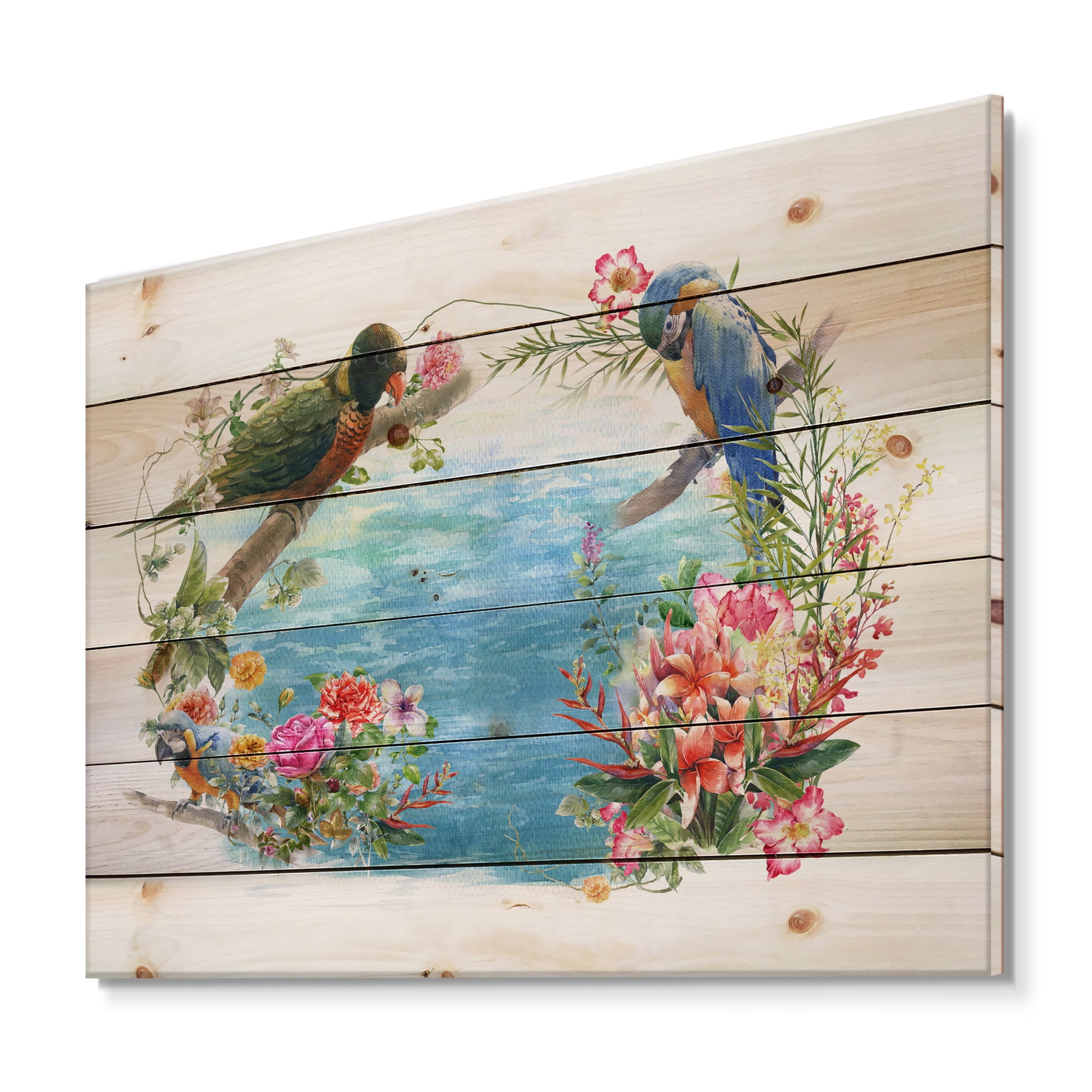 Designart 'Parrots and Flowers By The Blue Waterside' Traditional Print on Natural Pine Wood