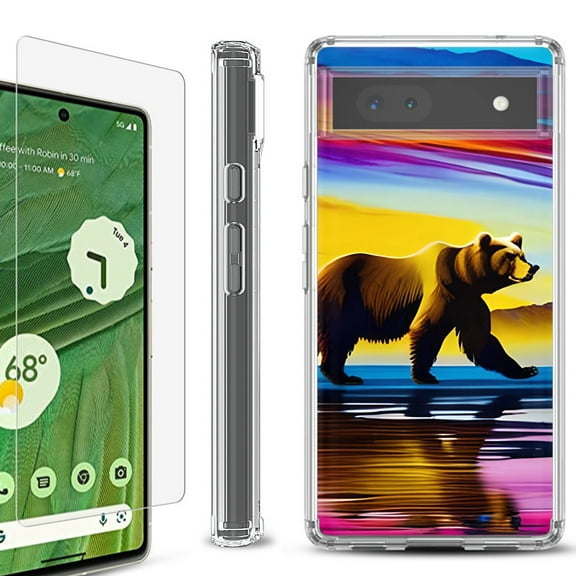 Shockproof Bumper Phone Case for Google Pixel 6a, with Tempered Glass Screen Protector, by OneToughShield ® - Bear