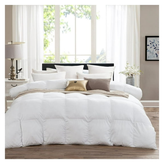 LUXURIOUS Full/Queen Size HARD-to-FIND 80 Oz Fill Weight Goose Down Comforter, 600 Thread Count 100% EGYPTIAN COTTON Cover, 750 Fill Power, Solid White Color Full / Queen