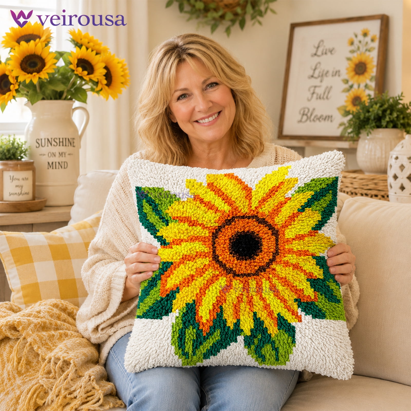 Latch Hook Kit for Adults, DIY Sunflower Pillow & Rug Craft Kit for Beginners, Floral Handmade Yarn Art, Relaxing Home Sofa Decor Gift