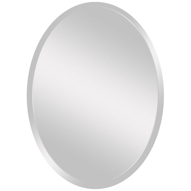 Spancraft Glass 206-2230 Oval Beveled Mirror, 22" x 30". This unframed wall mirror features a 1-inch beveled edge for a smooth, angled finish and is made of 1/4-inch thick clear tempered glass. It includes a vinyl safety backing, two standard hooks, and two adhesive bumpers for secure wall mounting. Suitable for bathrooms, bedrooms, or accent walls.