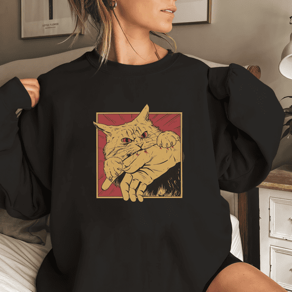 Women's Black Print Sweatshirt Graphic Sweatshirt Retro Angry Cat Biting Hand Tops S-3XL