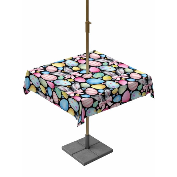 Outdoor Tablecloth with Umbrella Hole and Zipper, Easter Square Table Cloth 60x60 Inch Waterproof Tablecloth, Spring Colorful Eggs Bunny Flower Plant Black Picnic Table Cover for Patio Camping