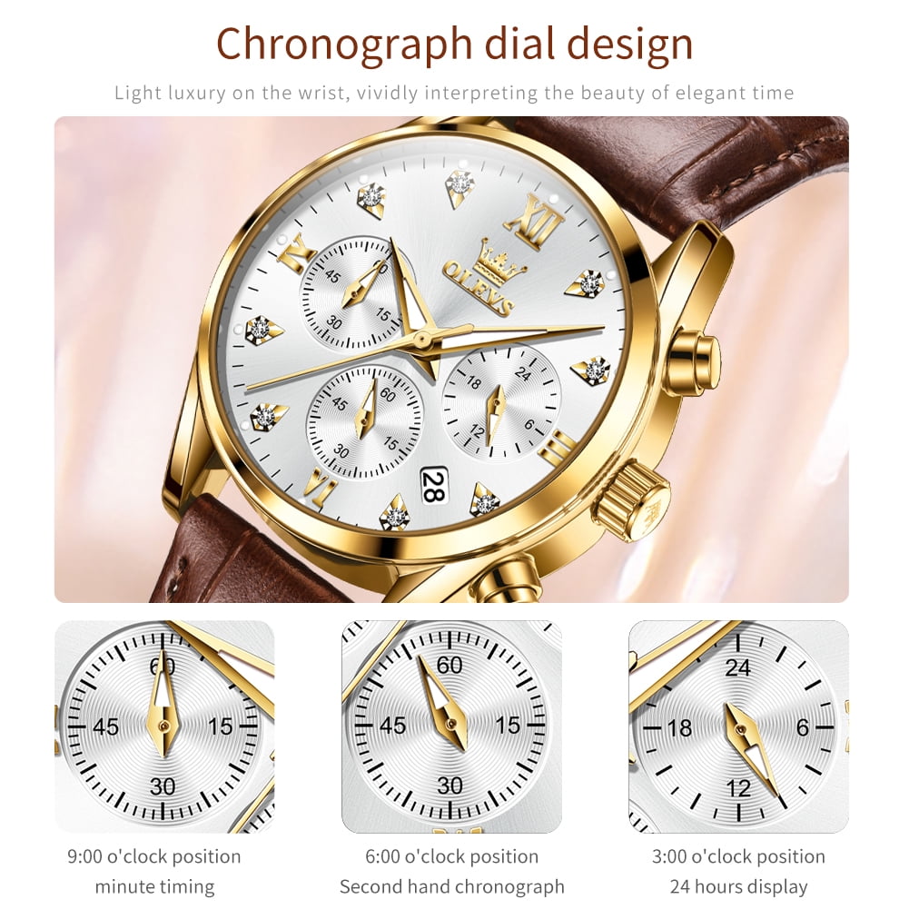 OLEVS Watches for Womens Brown Leather Strap Analog Quartz Rose Gold Fashion Casual Dress Multifunction Chronograph Diamond Date Waterproof Luminous Ladies Watches Relojes para Mujer
