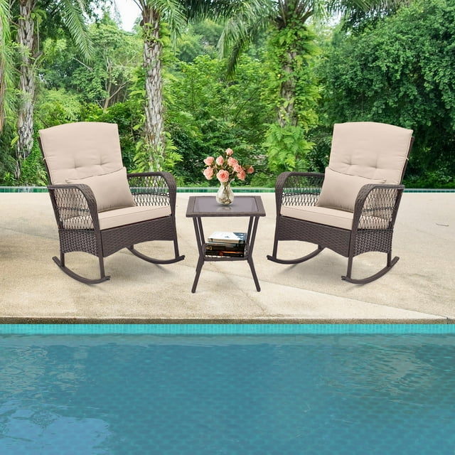 Gymax Ensemble Bistro à Bascule 3 Pcs Chaises Berçantes en Rotin PE avec Table à Café à 2 Niveaux Brun Mélangé