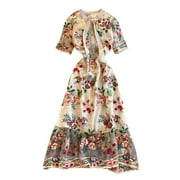 YM YOUMU Women Embroidery Mesh Short Sleeve Midi Sheer Lace Dress White Vintage