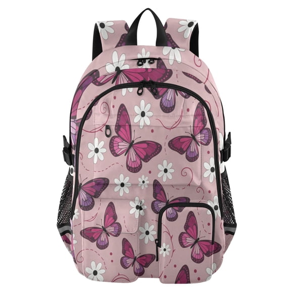 DIXRUYEE Pink Purple Flying Butterflies Backpack for School 14”Laptop Compatible with Reflective Safety Strips