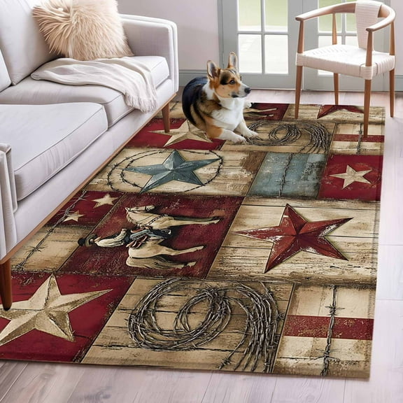 Texas Star Vintage Area Rug 3x5 Washable Rug Non Slip Country Star Western Cowboy Large Area Rug Indoor Floor Carpet for Entryway Bedroom Kitchen Living Room Home Office Dining Room Nursery