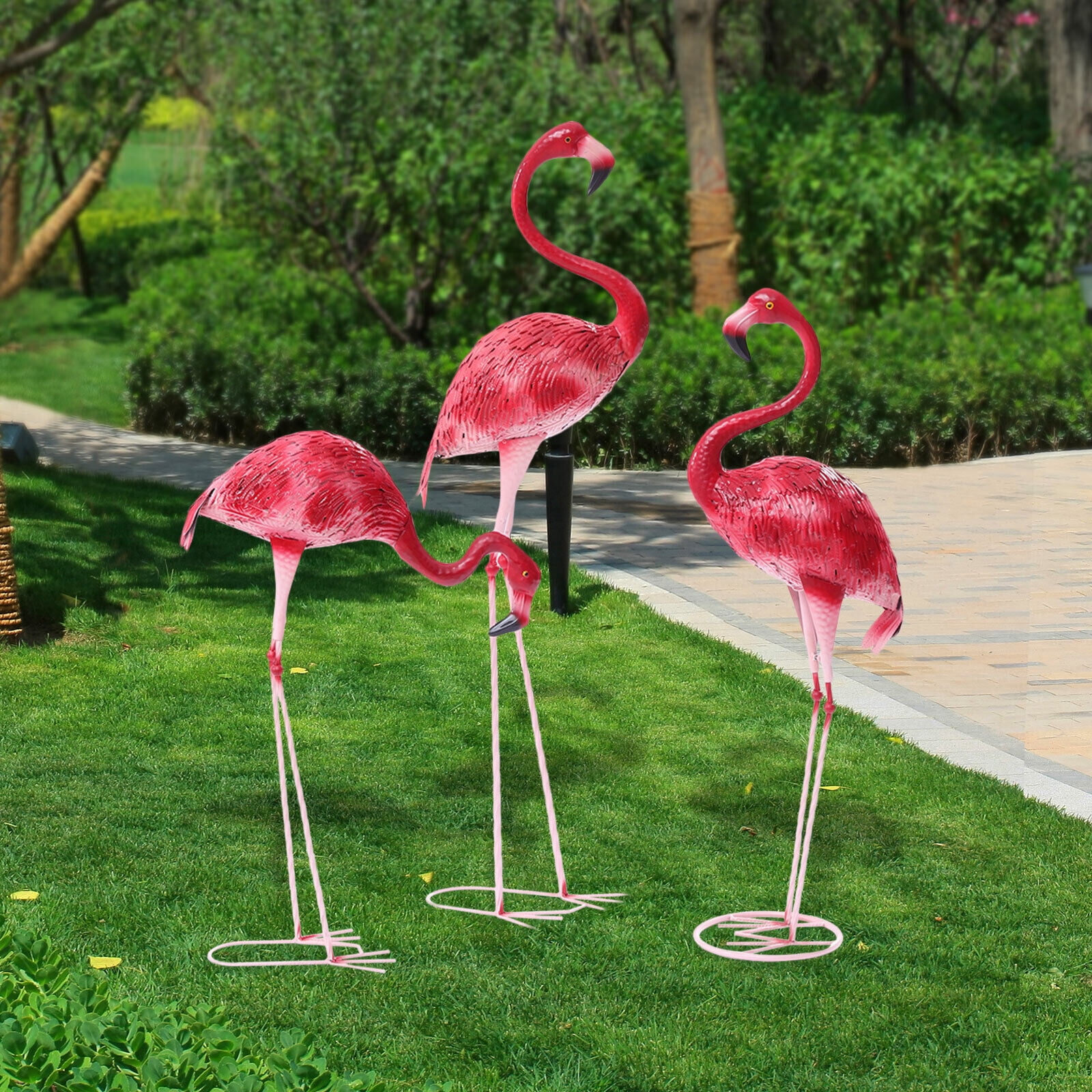 Denest 3 Pack Flamingo Garden Statue Pink Sculpture Decor Yard Art Metal Statues New