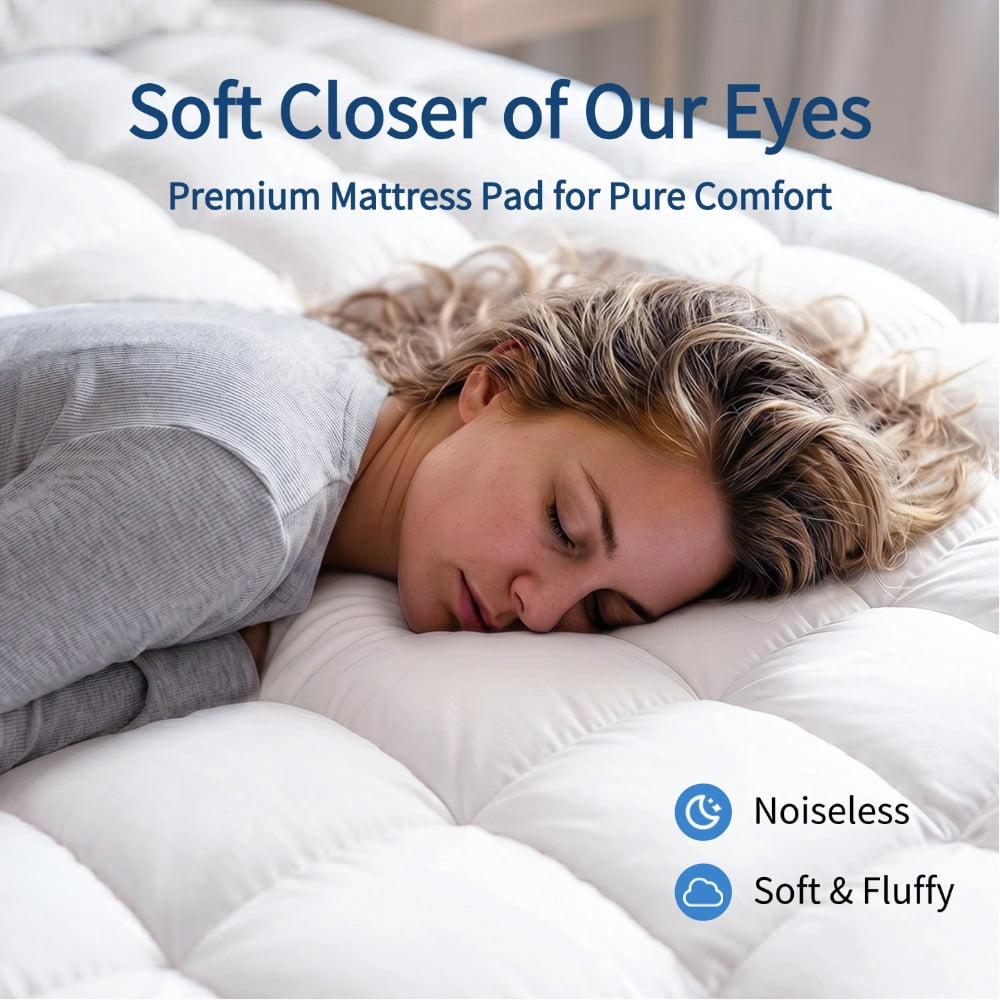 Queen Mattress Pad - Quilted Fitted Mattress Topper Protector, Soft Noiseless Pillow Top Cover with 8-21" Deep Pocket, Cooling Breathable 4D Spiral Fiber 60x80" White, Basic Plush (130 GSM)