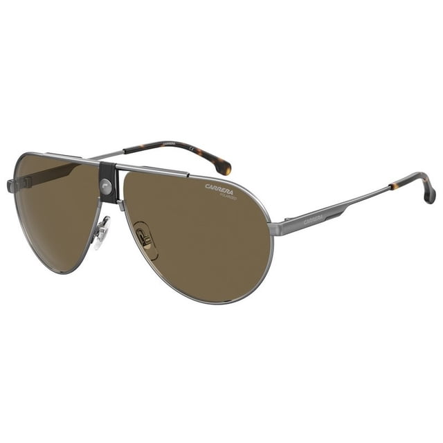 lentes de sol carrera 1033/s kj1/sp montura piloto metálica plateada con lentes café de 63mm en vista 3/4; patillas delgadas con logo Carrera y terminales tipo carey, puente doble y plaquetas ajustables, fondo blanco, unisex. También suelen usarse como accesorio de estilo vintage para complementar looks casuales y de aviador.