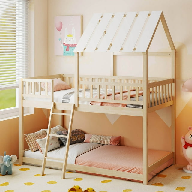Costway Twin Over Twin House Bunk Bed with Roof, Ladder & Full-length Guardrails for Kids Natural