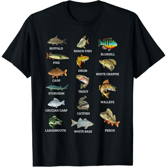 Types Of Freshwater Fish Species Fishing Fisherman Anglers T-ShirtMen and women, Black T-shirt, size: Extra large