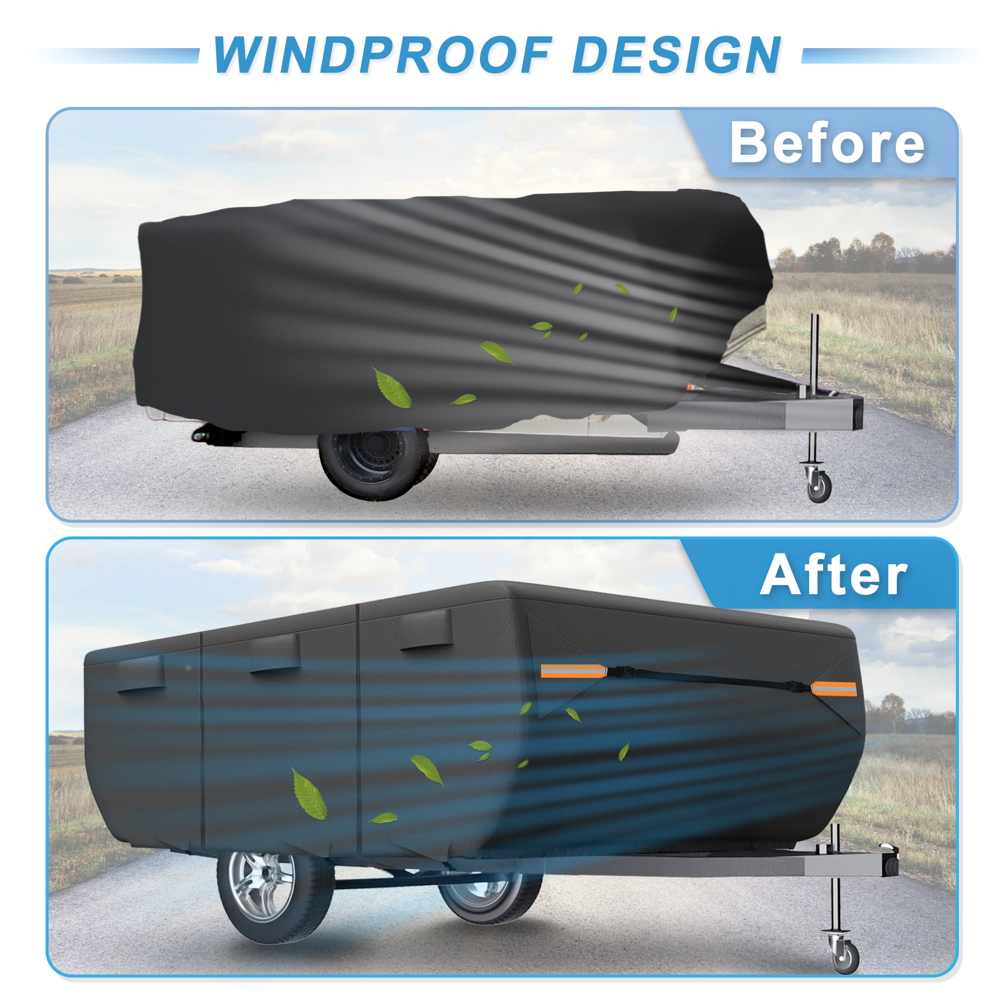 Unique Bargains Pop-up Camper Trailer RV Cover with Straps Vents Black 136" x 86" x 43"