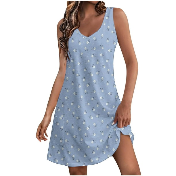 Vestido de Verano para Mujeres Estilo de Bolsillo sin Mangas Cuello en V, Color Sólido Y Cómodo Vestido de Verano Casual