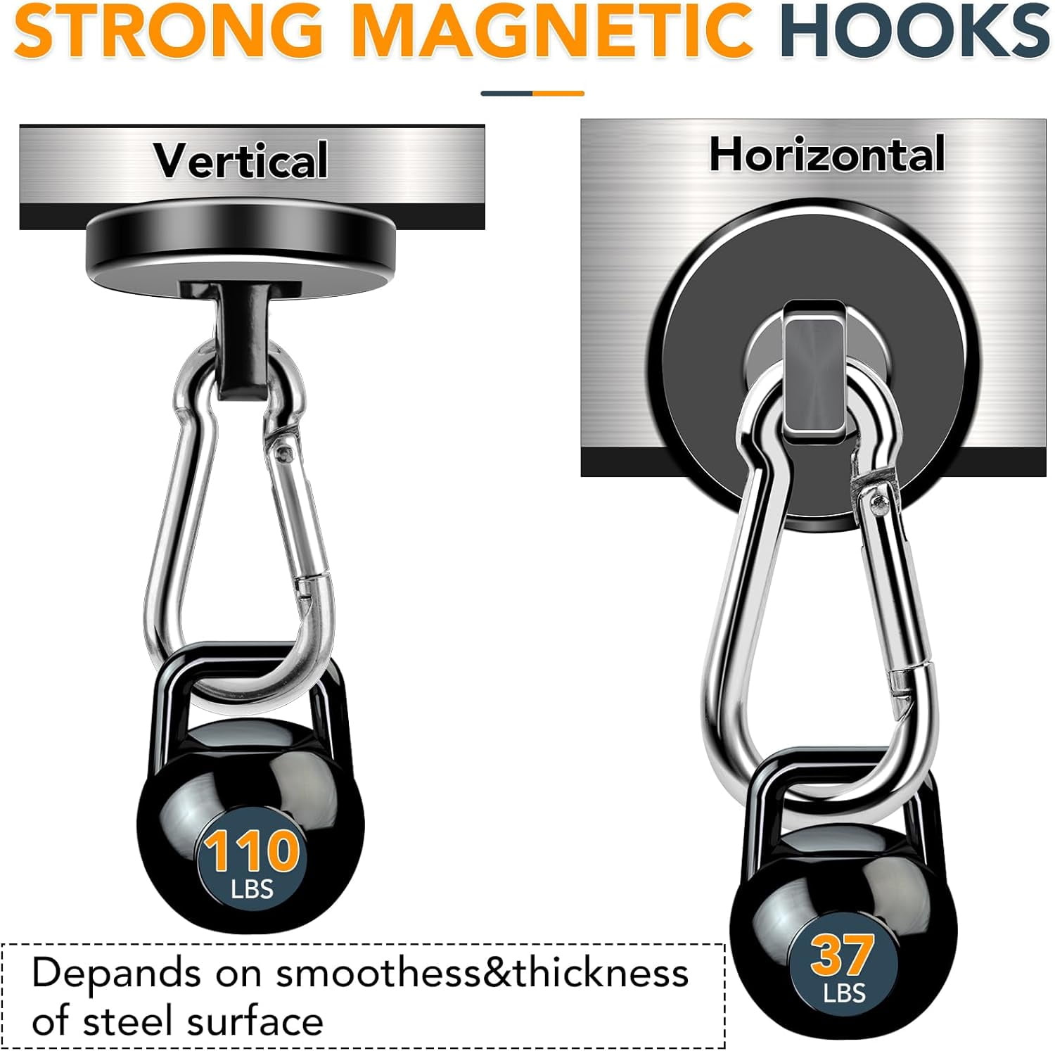 Magnetic Hooks Heavy Duty, 110LBS+ Strong Neodymium Magnets with Swivel Carabiner Hook, Black Magnetic Hangers Magnet Hooks for Locker, Home, Cruise Cabin, Office - 10 Pack
