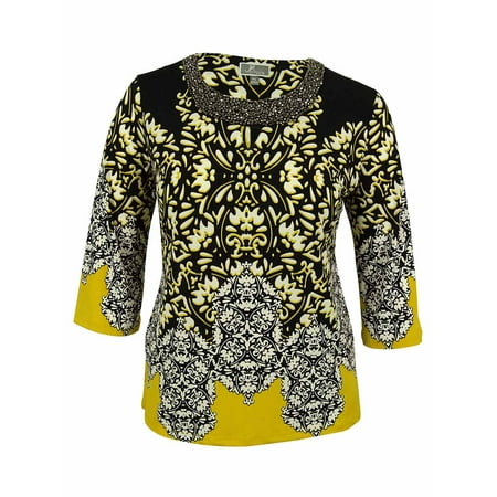 Keyhole Beaded Halter Top - JM Collection Women's 3/4 Sleeve Beaded Keyhole Tunic Top (PXL, Gold Filagree)