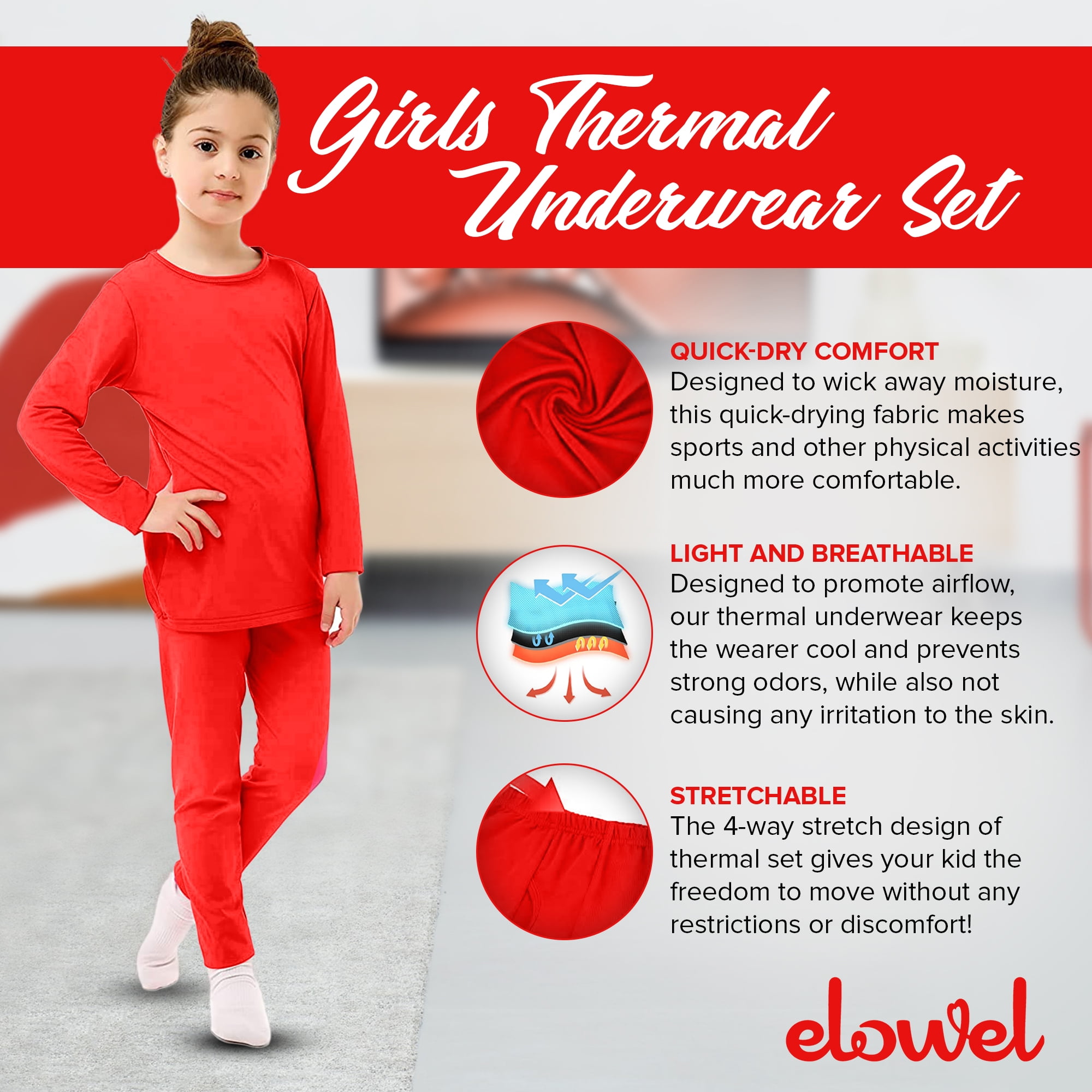 Elowel Thermal Underwear Set for Girls Kids Thermals Base Layer Medium  Orange 