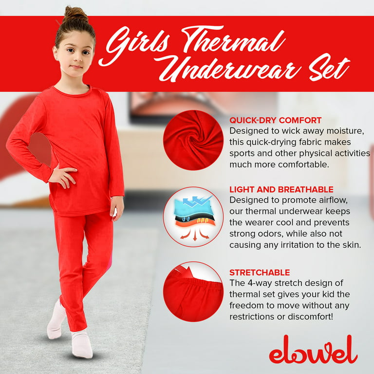Elowel Thermal Underwear Set for Girls Kids Thermals Base Layer Medium Red