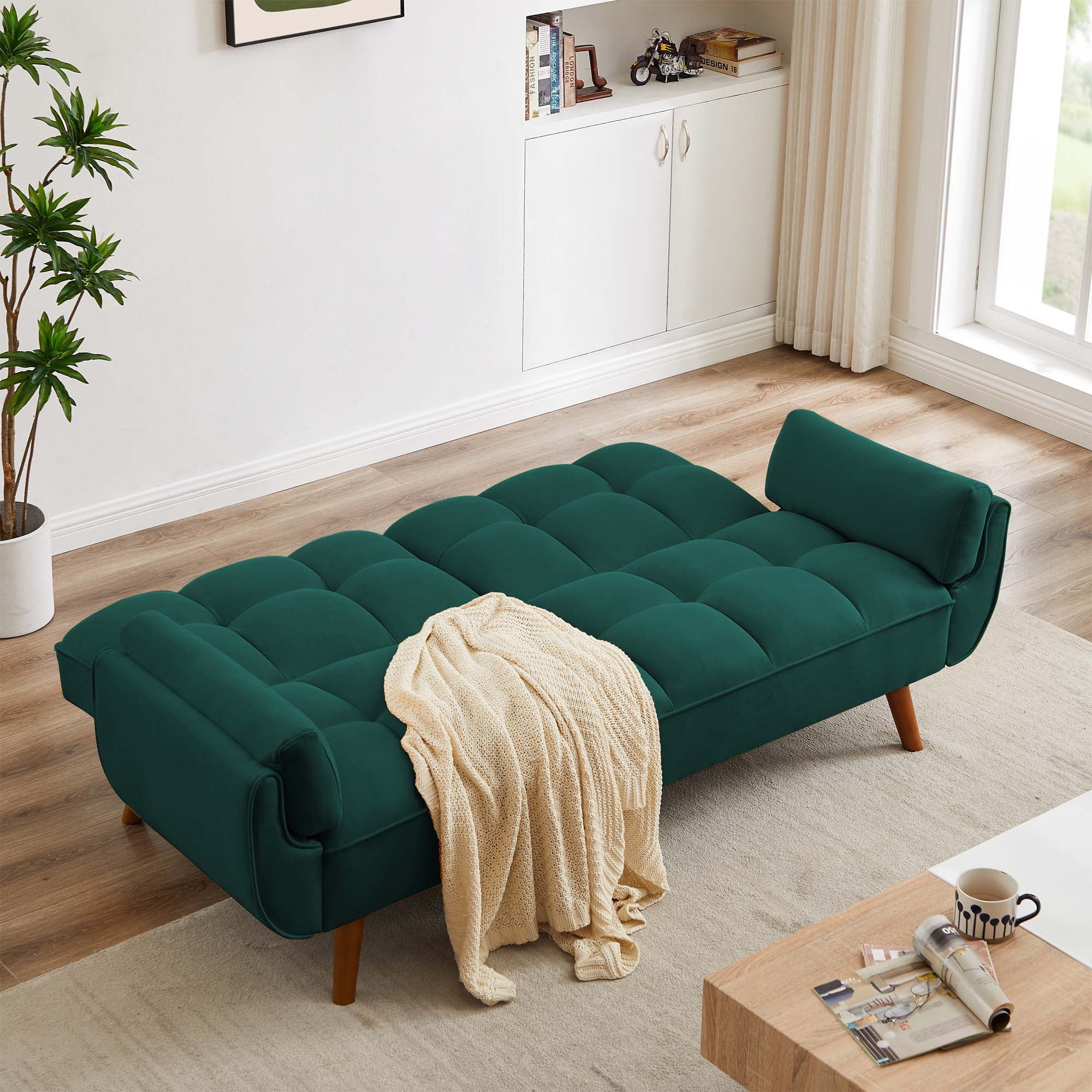 Aukfa 75" Flared Arm Futon Convertible Sofa Bed, Linen Sleeper Couch for Home Office, Green