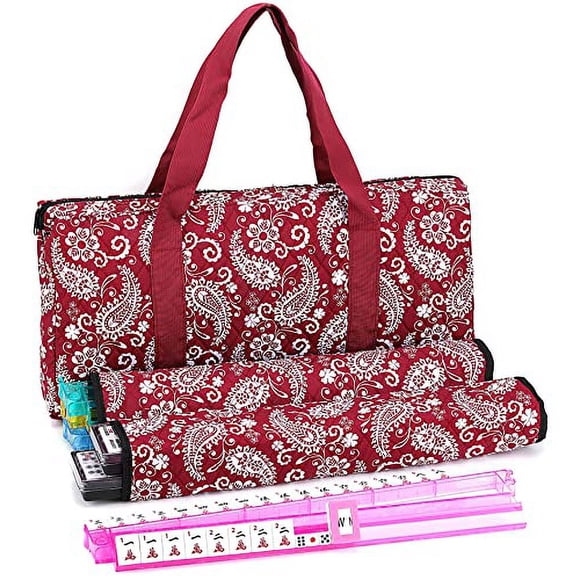 American Mahjong Game Set, Red Paisley Carrying Bag,166 Premium White Tiles, All-in-One Color Rack/Pushers, Chips,Wind Indicator, English Manual Western Mahjongg Set,Complete Mahjong Tiles Set