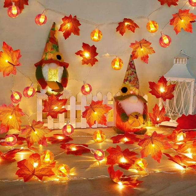 Guirnalda de calabazas con luces LED de hojas de arce realistas,decoración de otoño con pilas para interiores y exteriores,decoración festiva de Halloween