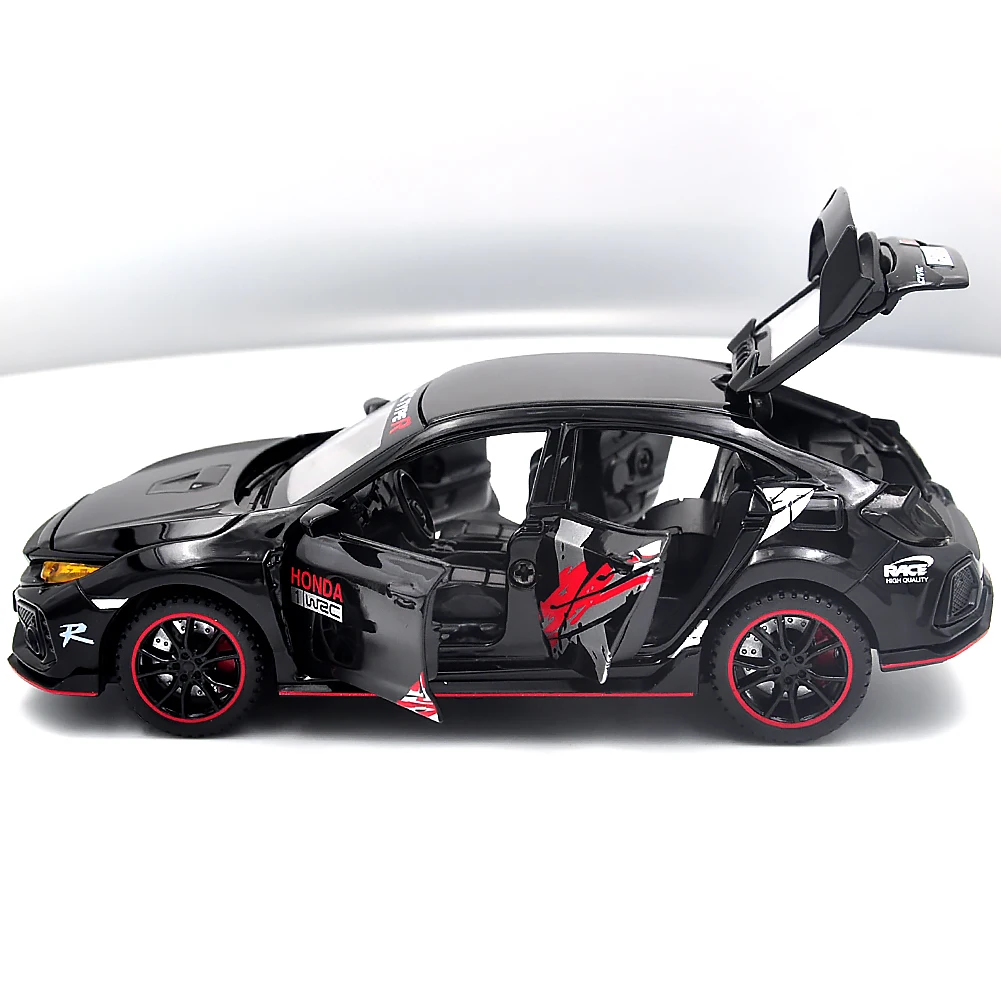 The 1:32 scale is suitable for Honda Civic alloy die-cast car models, equipped with openable doors, lights, sound and spring-back function. Boys' toy cars, children's birthday gift toy cars.
