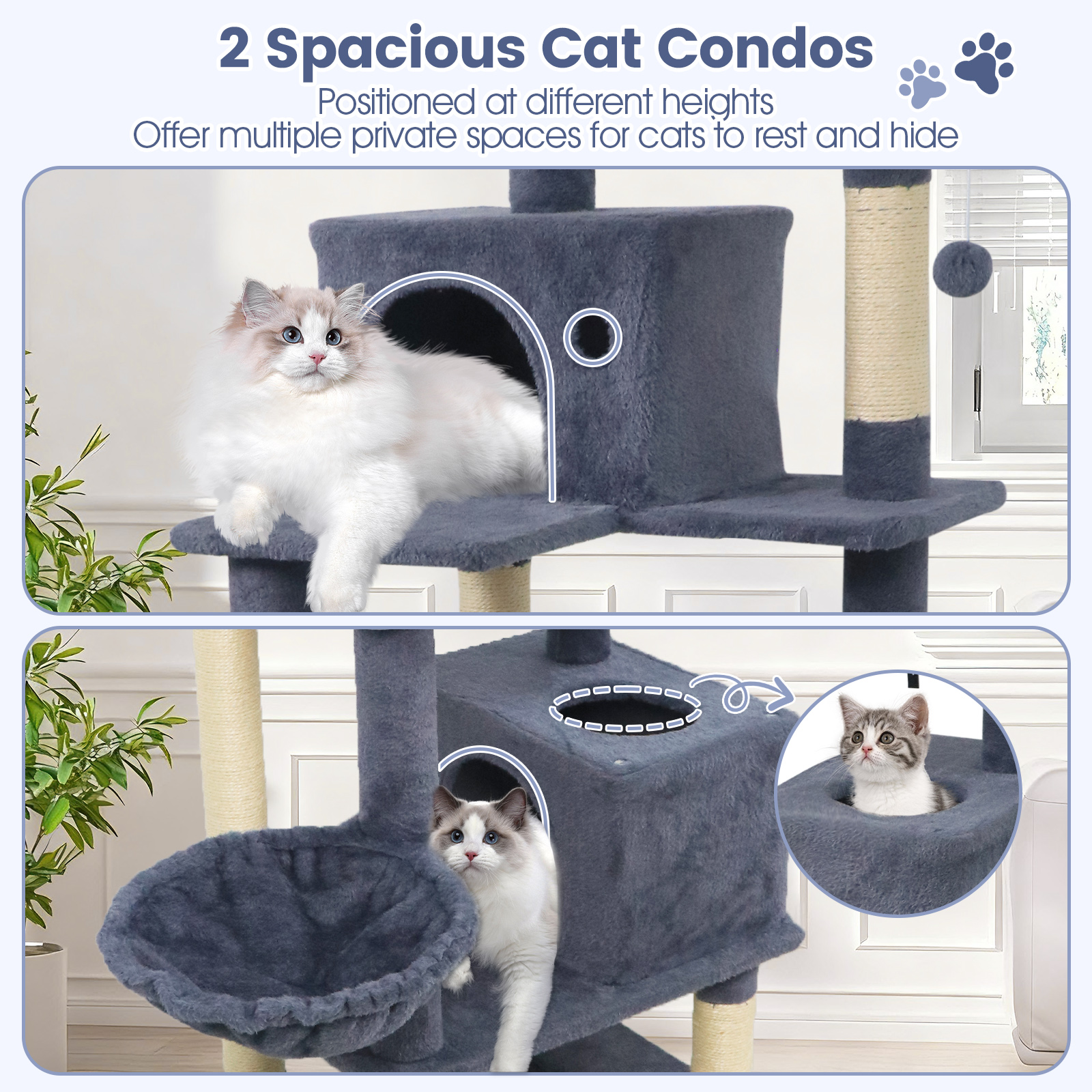 Gymax 66'' Tall Cat Tree w/2 Condos Sisal Scratching Posts Plush Perch Hammock Basket Dark Gray