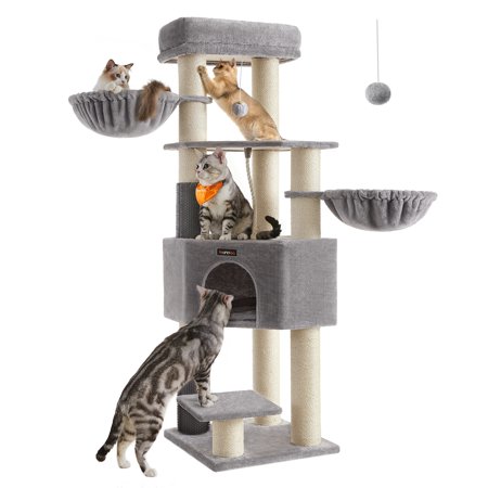 Feandrea 63-Inch Cat Tree Cat Tower for Large Cats with Self-Warming Pads, Scratching Posts, Self-Groomers, Dove Gray and Cream White