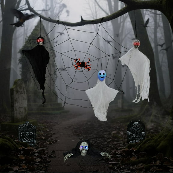 8-Piece Outdoor Halloween Decoration Set, 3 Swinging Ghosts (LED Eyes)   2 Gravestones   Crawling Skeleton   5.9ft Cobweb, Indoor/Outdoor Use