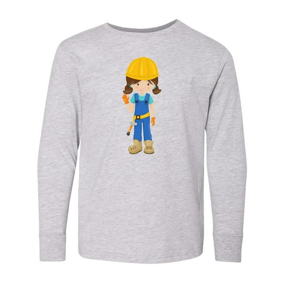 Inktastic Cute Girl, Construction Worker, Brown Hair Long Sleeve Youth T-Shirt