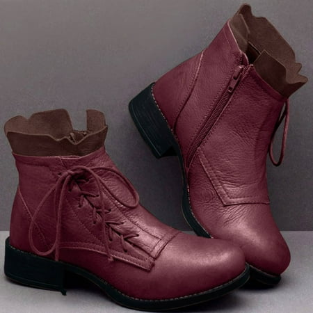 

Women Leather Non-slip Round Toe Lace-Up Side Zipper Low-heeled Shoe Ankle Boots Red 7.5