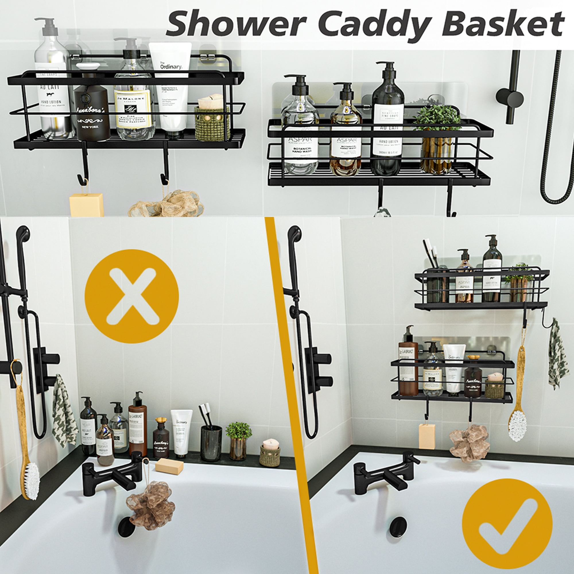 KINCMAX Shower Stall Basket Shelf Pack of 2 - Black Self Adhesive Shower  Organiser Drill Free Kitchen or Bathroom Caddy - Shower Storage for Inlet