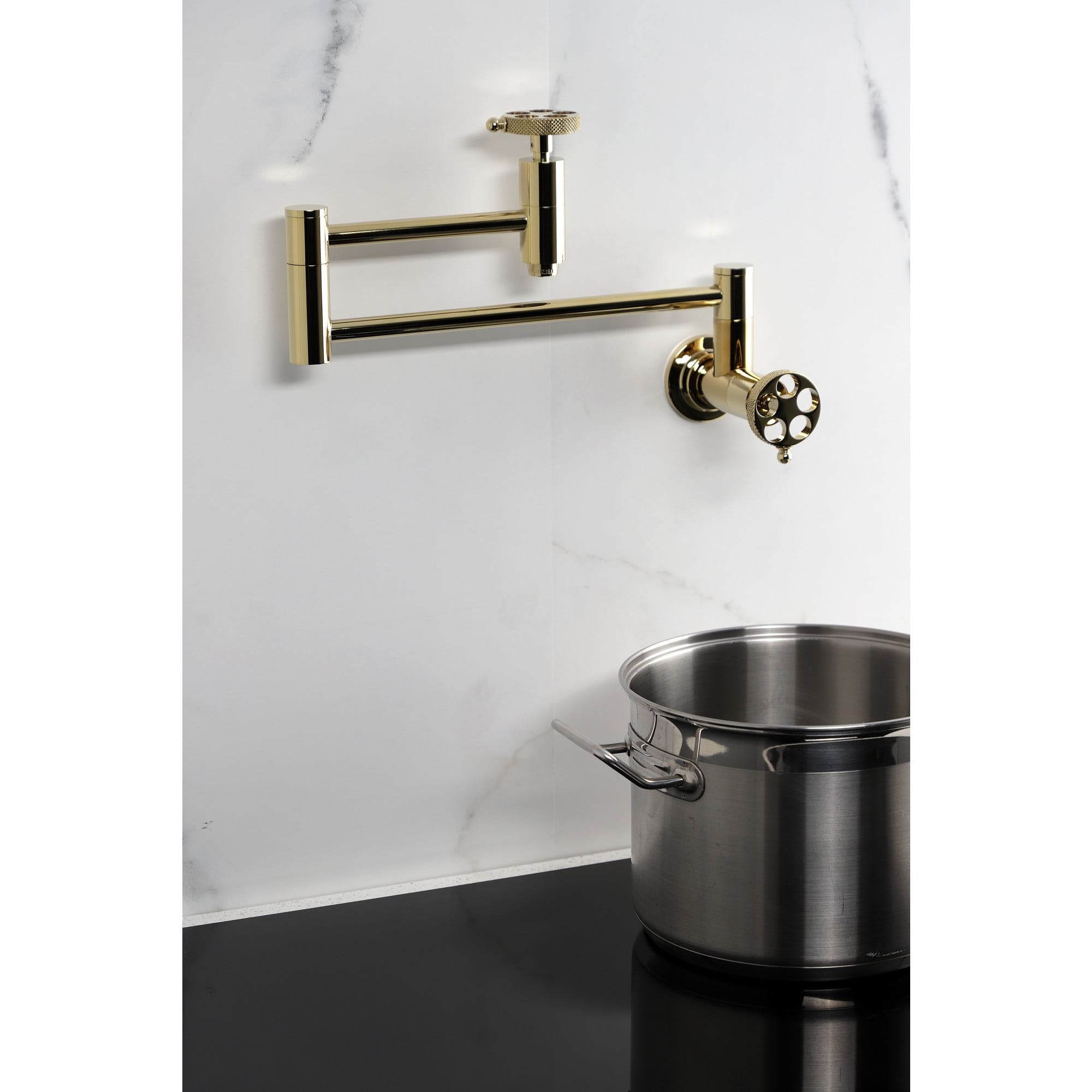 Kingston Brass KS8102RKX Webb Wall Mount Pot Filler Faucet with Knurled Handle, Polished Brass
