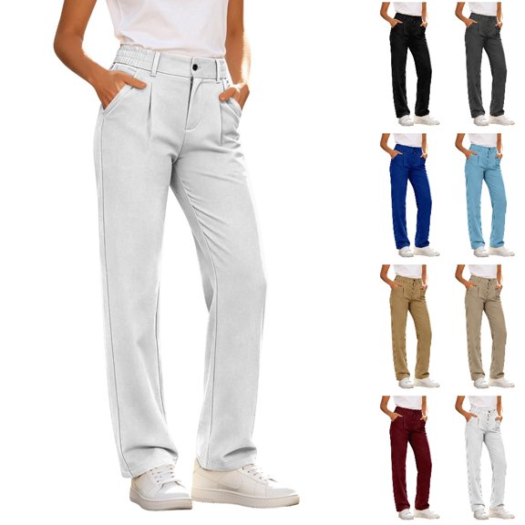 HJYCHN Straight Leg Pants Women Zip Closure Pleated Side Pockets Regular Fit Solid Color Womens Pants