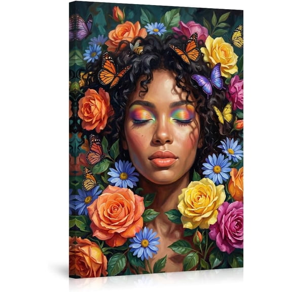 Black Woman Wall Art African American Canvas Print Vibrant Floral Butterfly