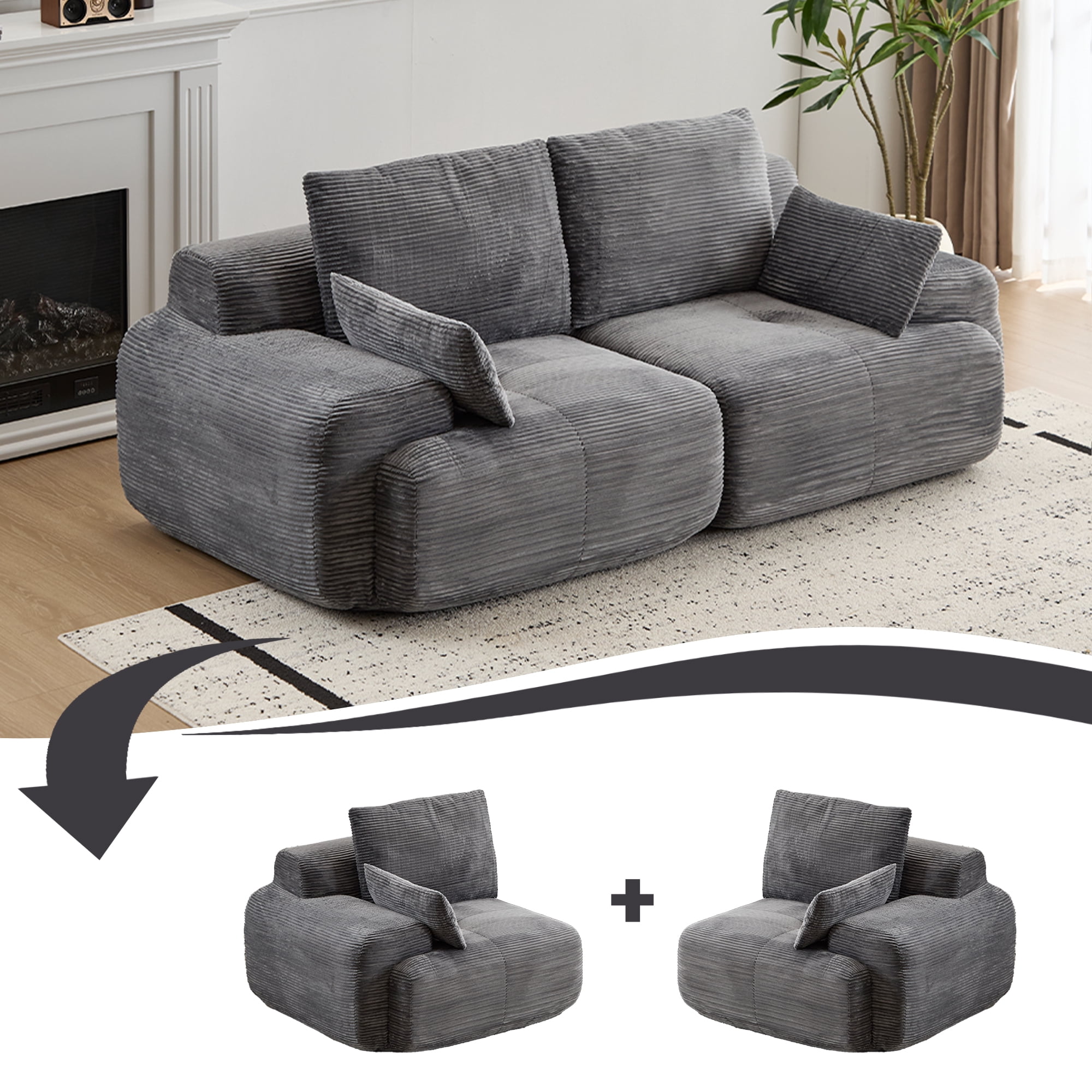 Miniyam 84" Corduroy Modular Sofa Couch with Cushions, Convertible Sectional Seating for Living Room, 1200 lbs Capacity, No Assembly, Gray