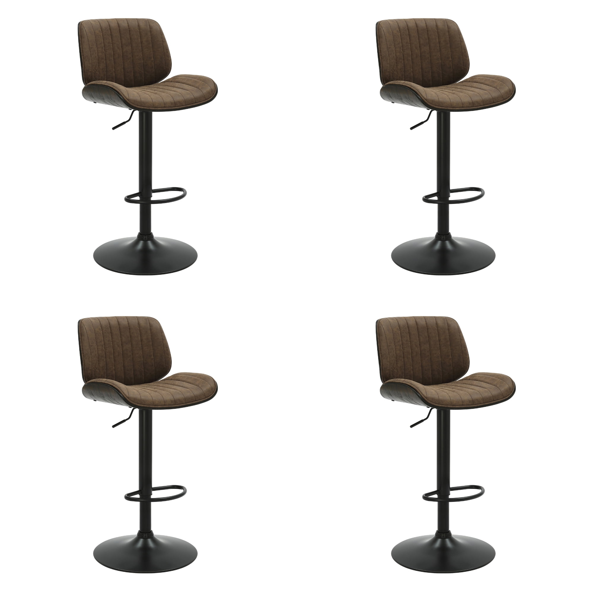 Brock Adjustable Swivel Vintage Dark Brown Curved Back Wood Bar Stool with Faux Leather Seat Set of 4