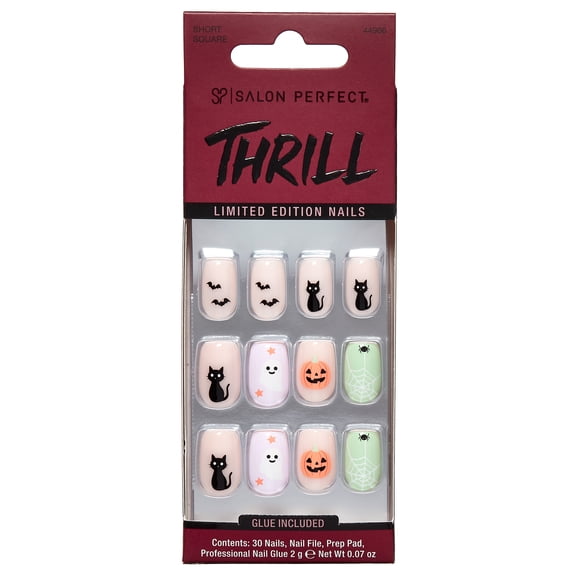 Salon Perfect Halloween Thrill Short Square Press-On Nails with Glue & File, Jack-O-Lantern, 30 Pieces