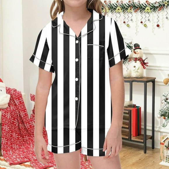 LWFFDAW Pajama Sets for Toddler Kid Boy Girl Short Sleeve Button Down Shirts and Shorts Sleepwear Lounge Sets Striped Color Block Pj Sets with Pocket